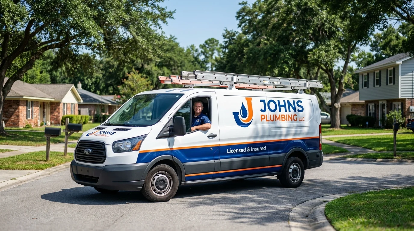 Johns Plumbing LLC service van in Woodbury, NY