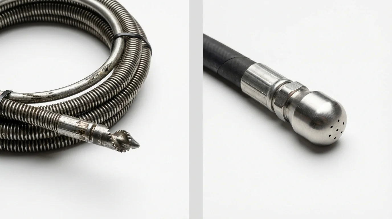 Drain snake cable and hydro jetting nozzle used for drain cleaning in Woodbury, NY