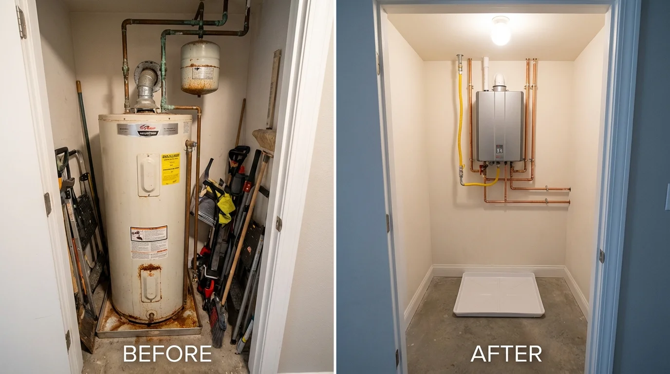 Tank water heater versus wall-mounted tankless unit comparison for Woodbury, NY homeowners