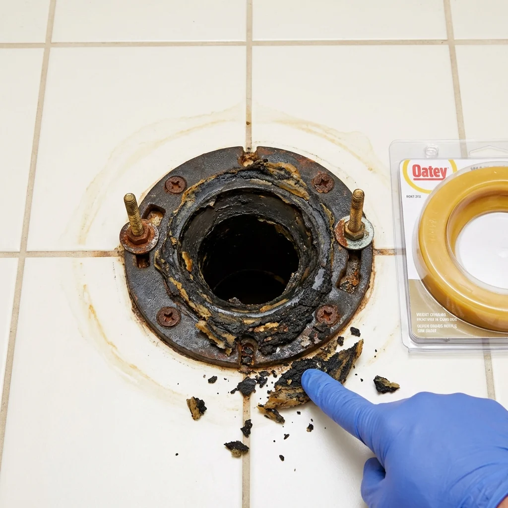 Failed wax ring showing water seepage at the base of a toilet in a Woodbury, NY home