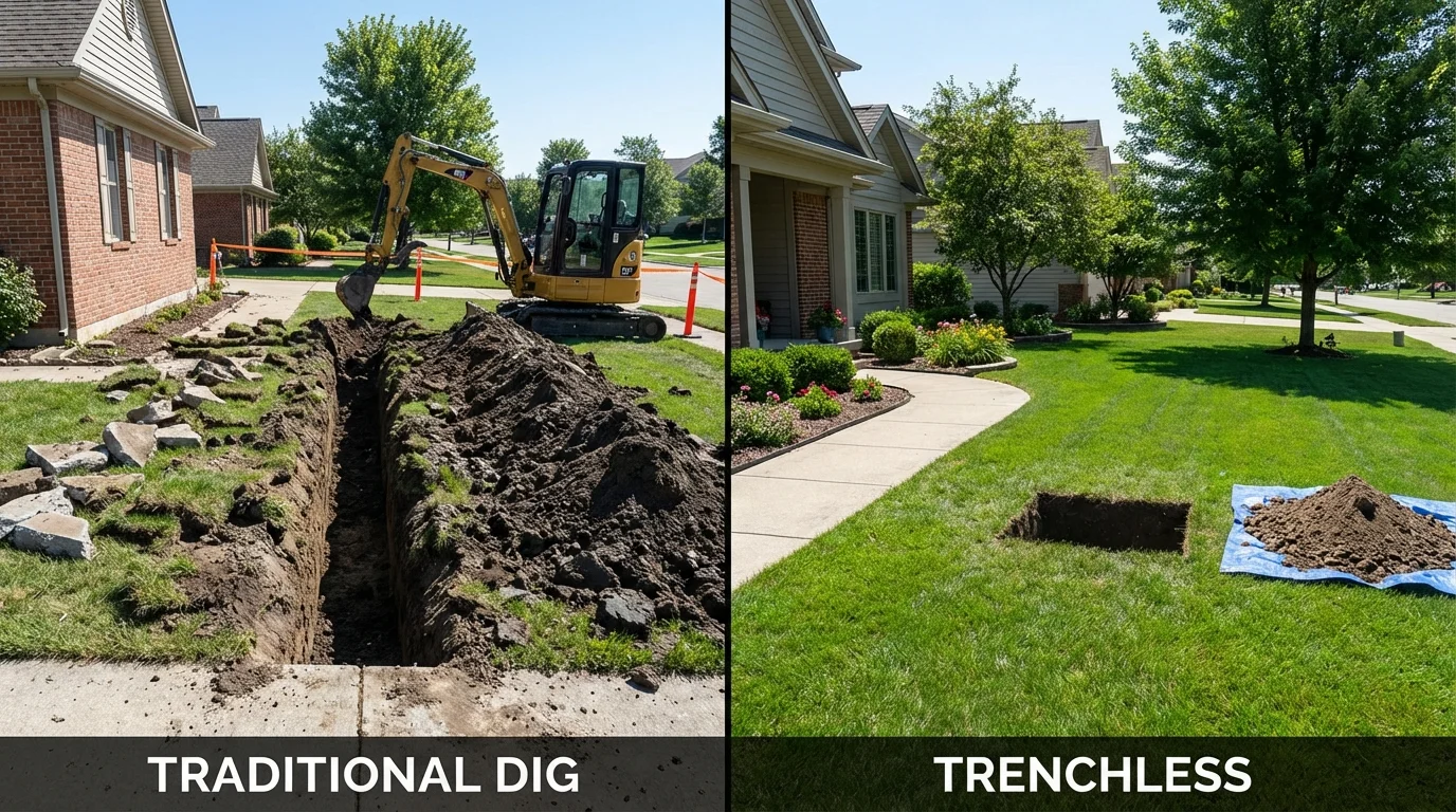 Trenchless sewer repair with minimal yard damage versus traditional excavation in Woodbury, NY
