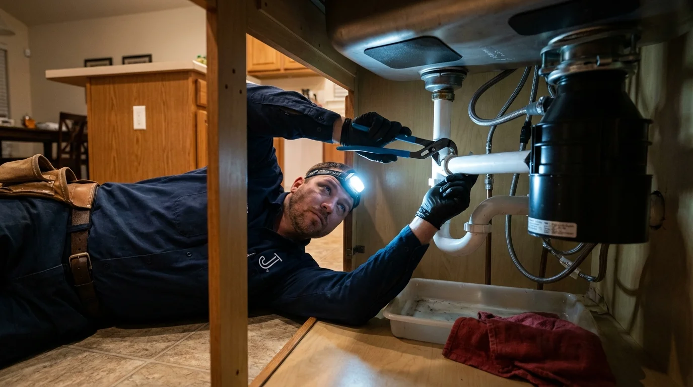 P-trap and supply line connections under a kitchen sink showing a common leak point in Woodbury, NY